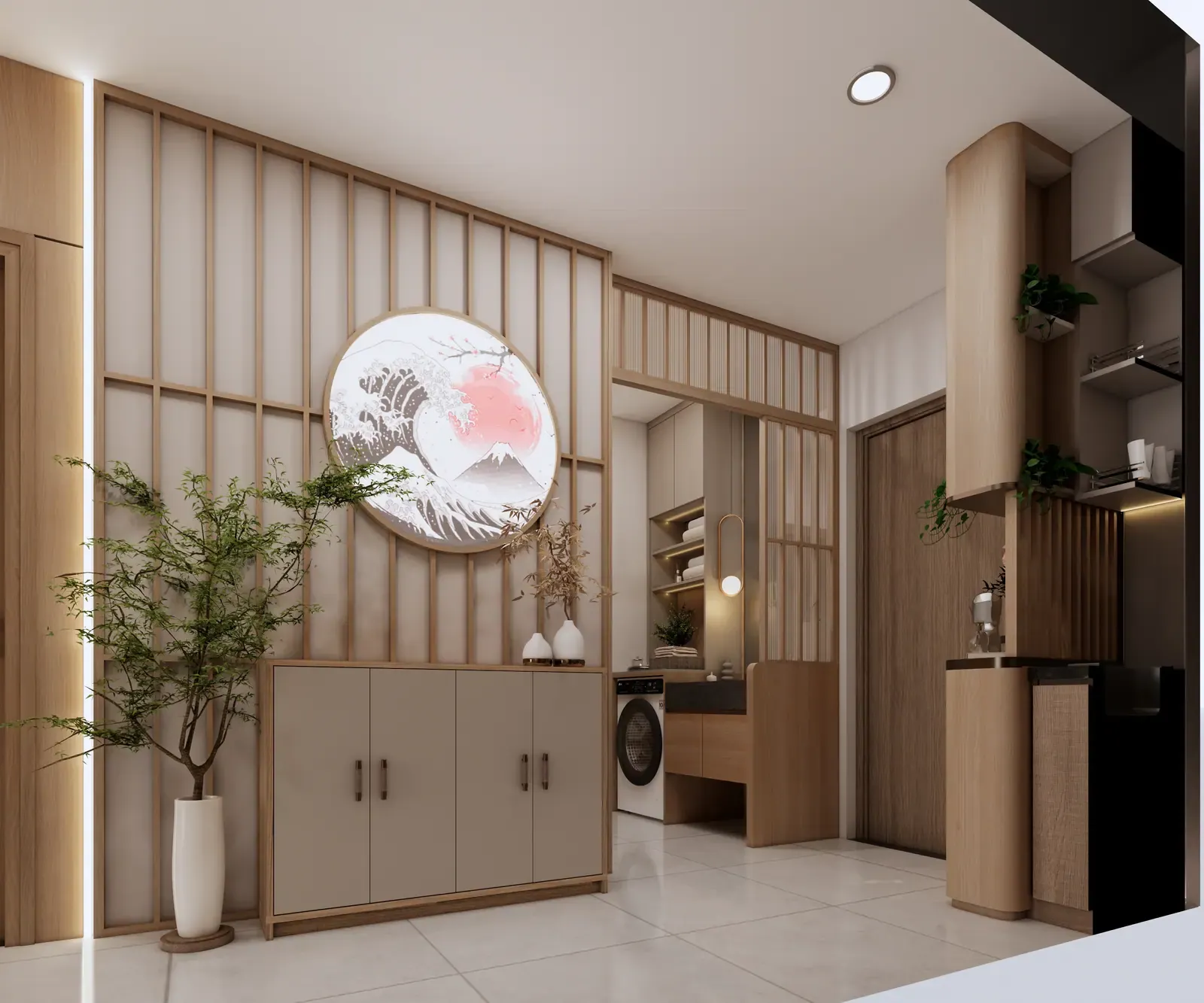 Lối vào & vách gỗ trang trí
