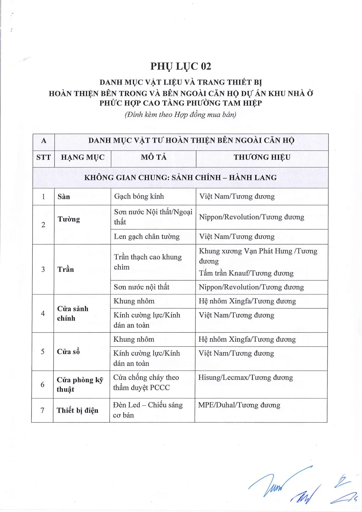 Danh mục vật liệu và trang thiết bị hoàn thiện căn hộ — trang 1: vật tư hoàn thiện sảnh chính và hành lang, Bcons Central Park Tam Hiệp