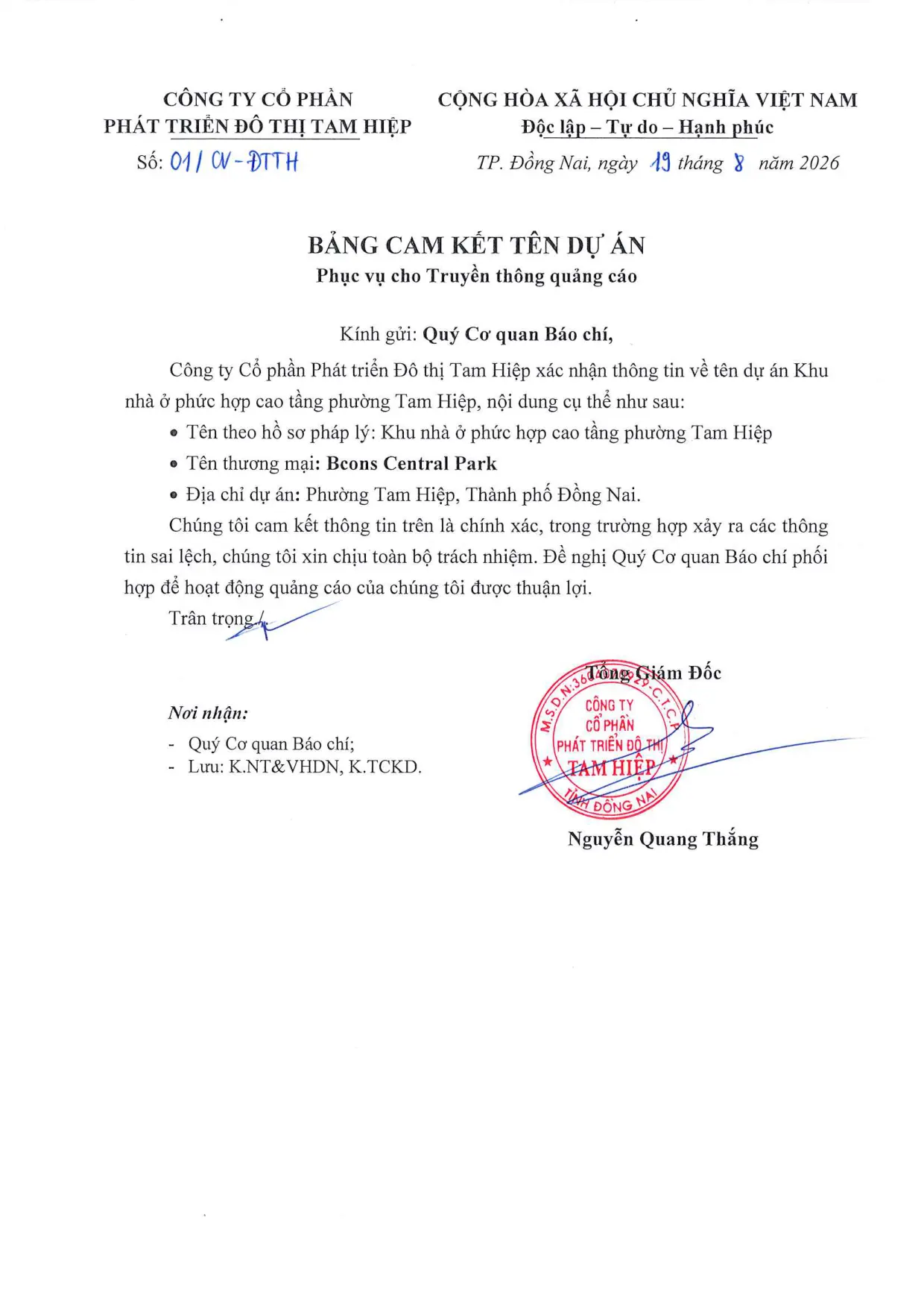 Bảng cam kết tên dự án thương mại & pháp lý